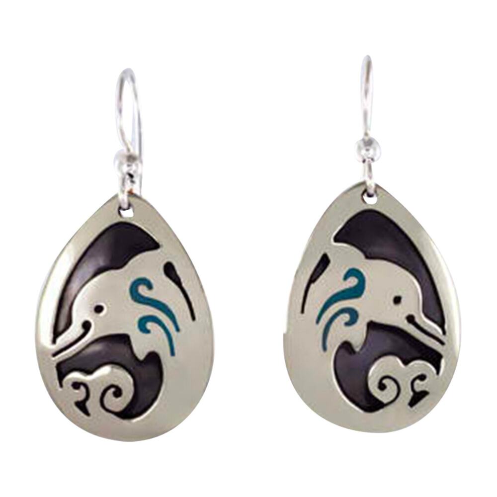 Far Fetched Happy Dolphin Dangle Earrings Silver Plated Blue Enamel